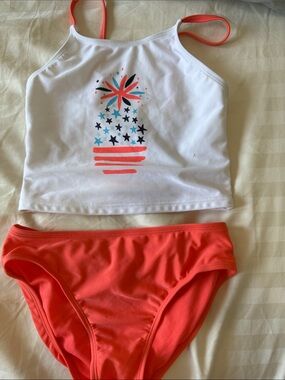 Girls' White & Coral Two-Piece Swim Bikini Top and Bottom